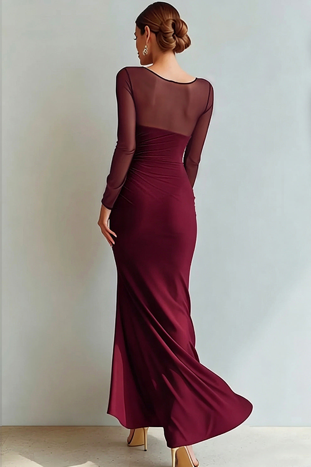 Evening Dress Women's Fitted Silhouette with V-Neckline and Sheer Sleeves - 5 - Stylewhipped
