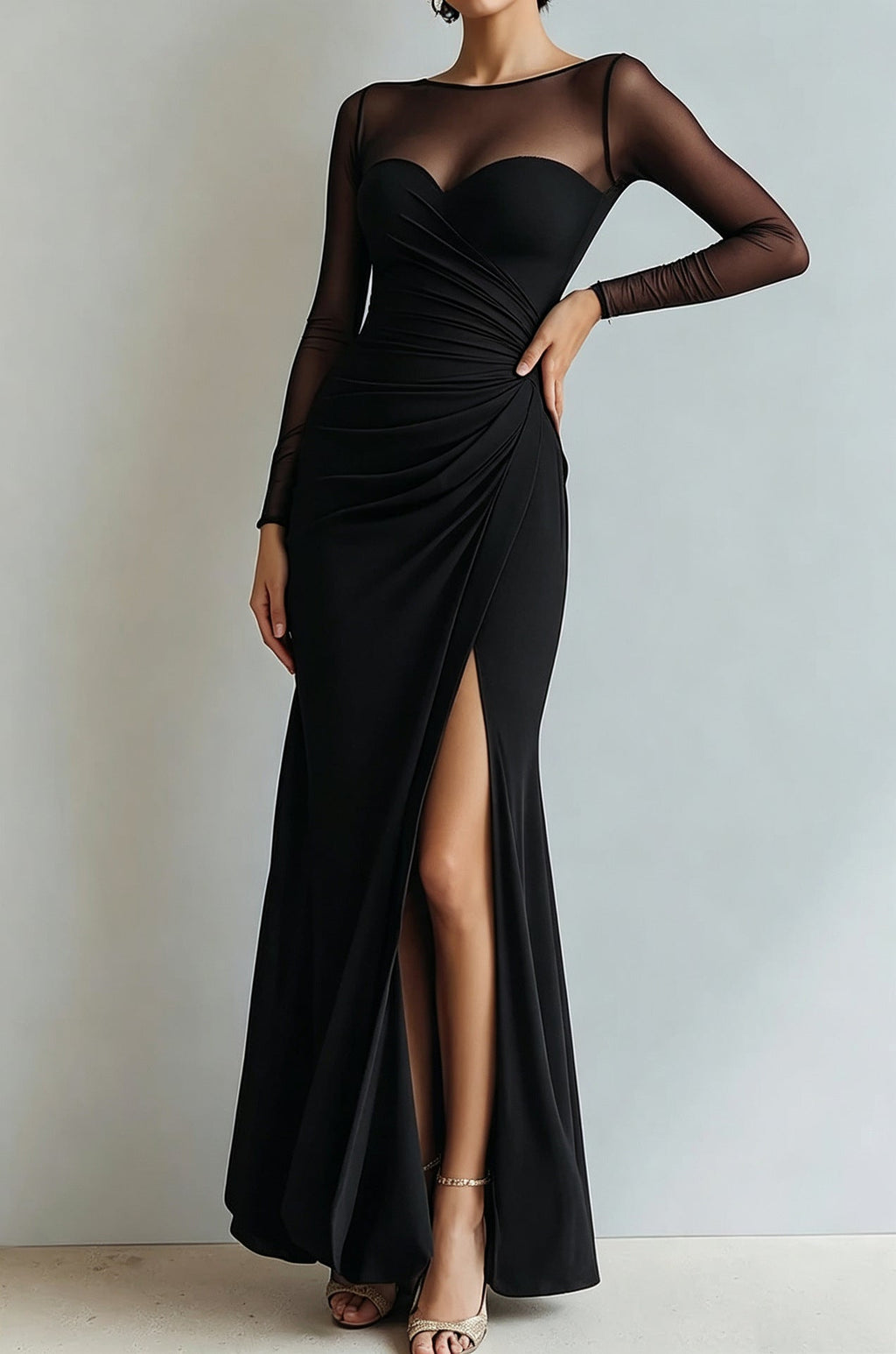 Evening Dress Women's Fitted Silhouette with V-Neckline and Sheer Sleeves - 9 - Stylewhipped