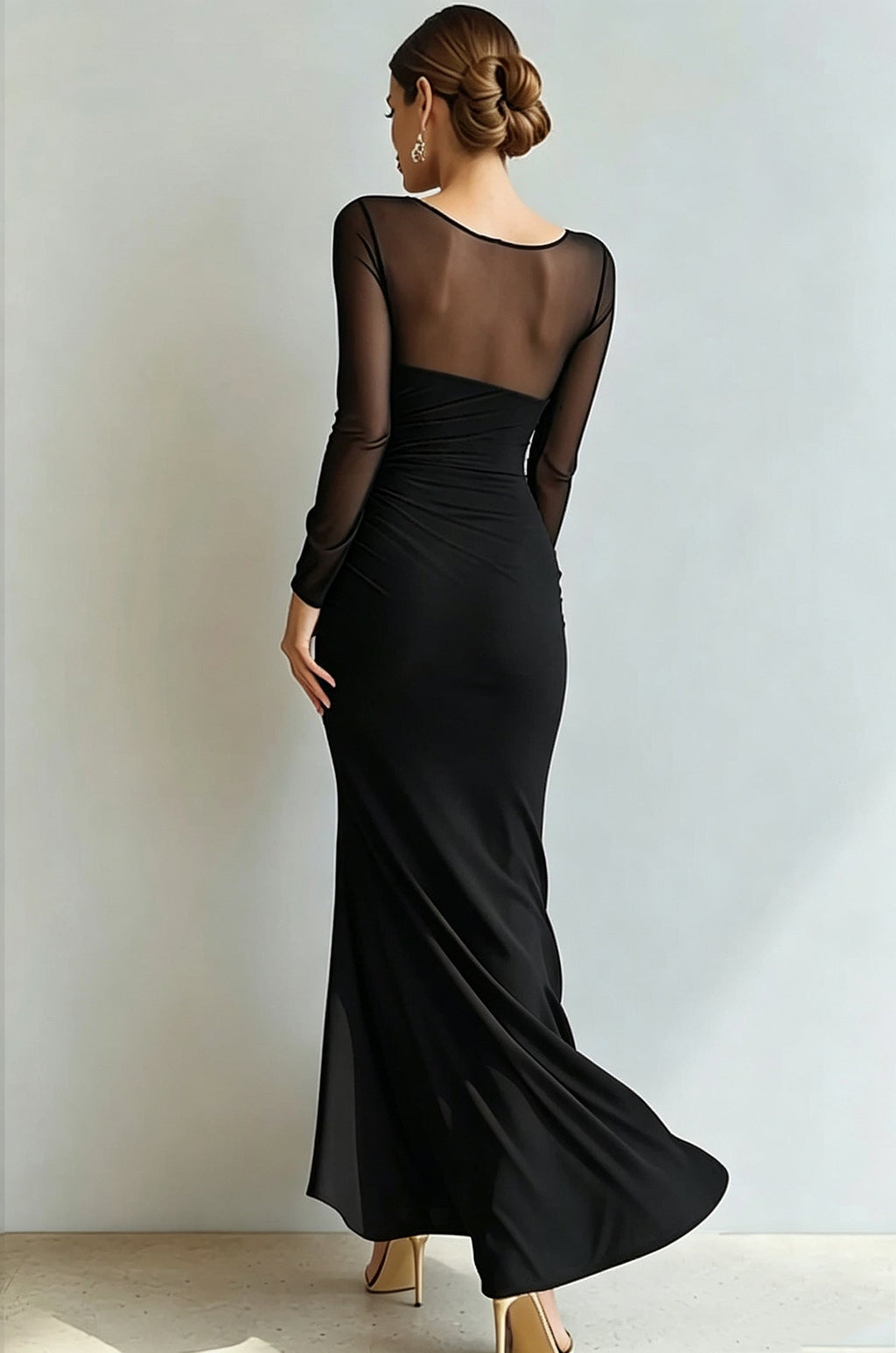 Evening Dress Women's Fitted Silhouette with V-Neckline and Sheer Sleeves - 10 - Stylewhipped