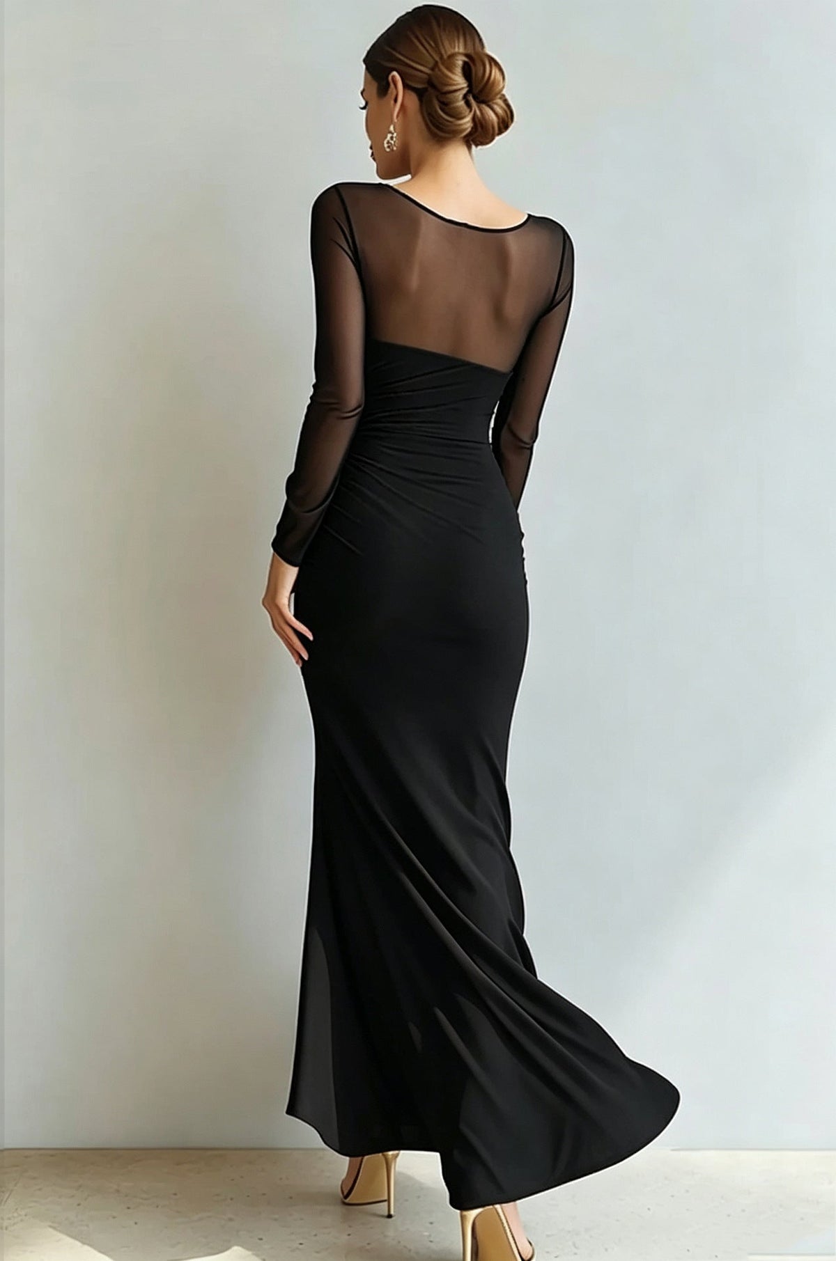 Evening Dress Women's Fitted Silhouette with V-Neckline and Sheer Sleeves - 10 - Stylewhipped