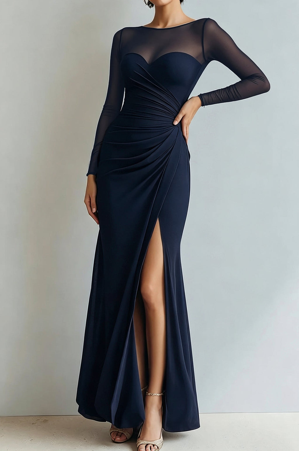 Evening Dress Women's Fitted Silhouette with V-Neckline and Sheer Sleeves - 14 - Stylewhipped