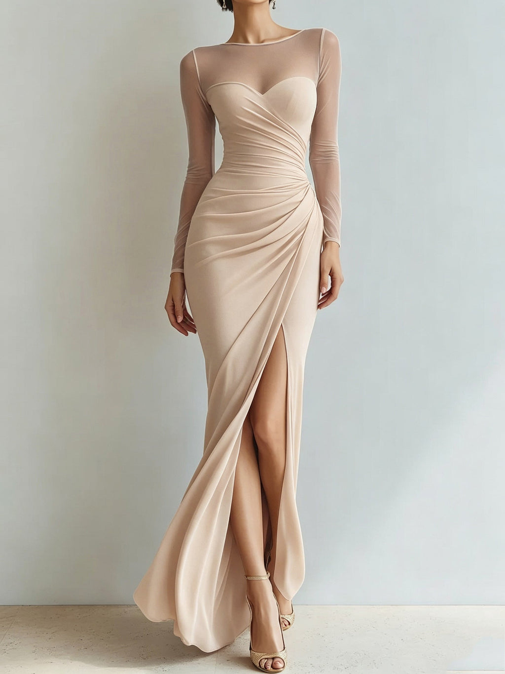 Evening Dress Women's Fitted Silhouette with V-Neckline and Sheer Sleeves - 16 - Stylewhipped