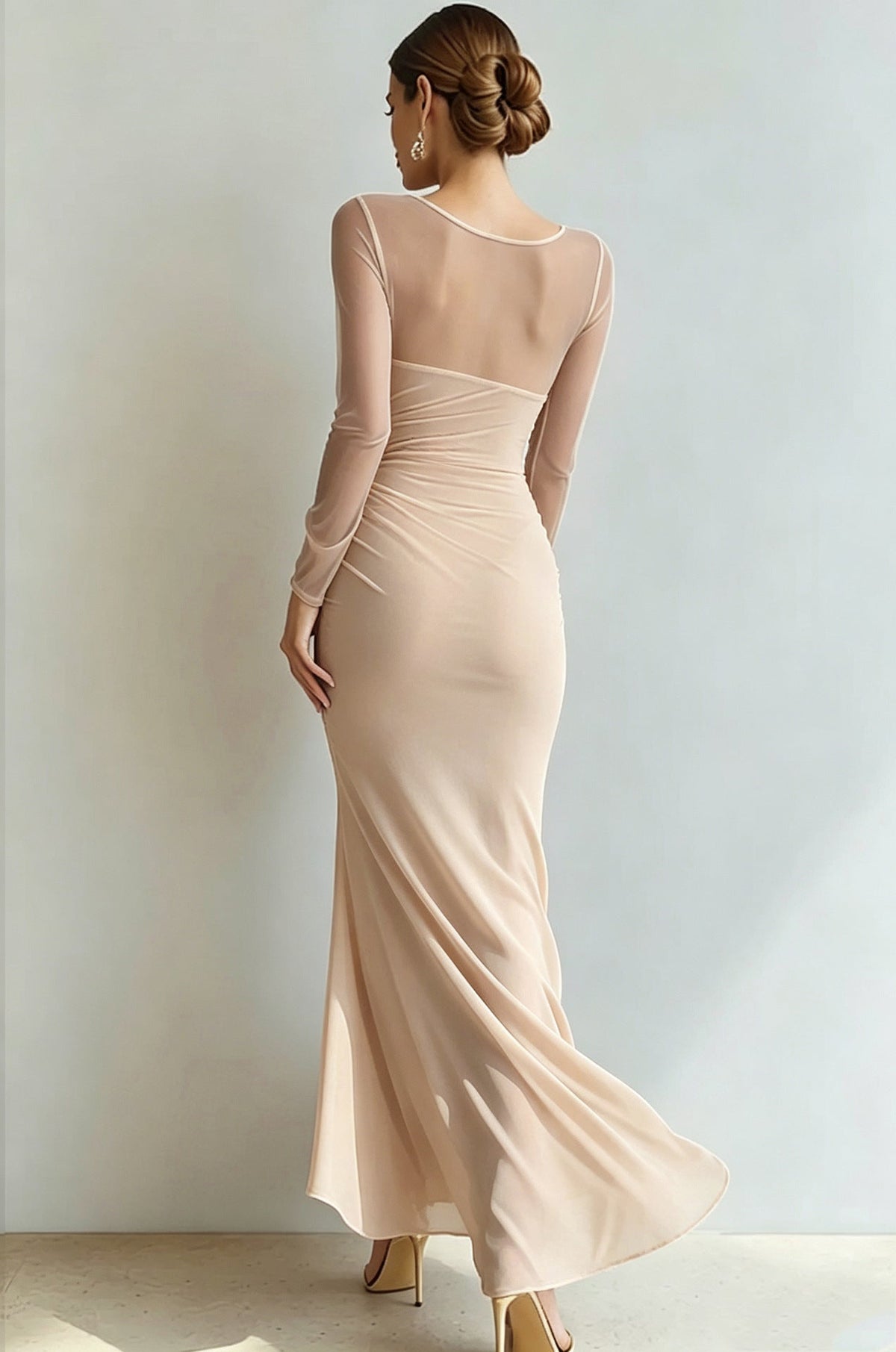 Evening Dress Women's Fitted Silhouette with V-Neckline and Sheer Sleeves - 20 - Stylewhipped