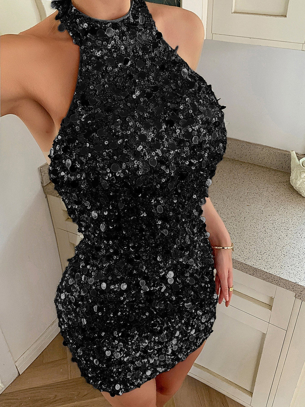 Mini Dress Women's High Neck Bodycon with Sequin Detail - 8 - Stylewhipped