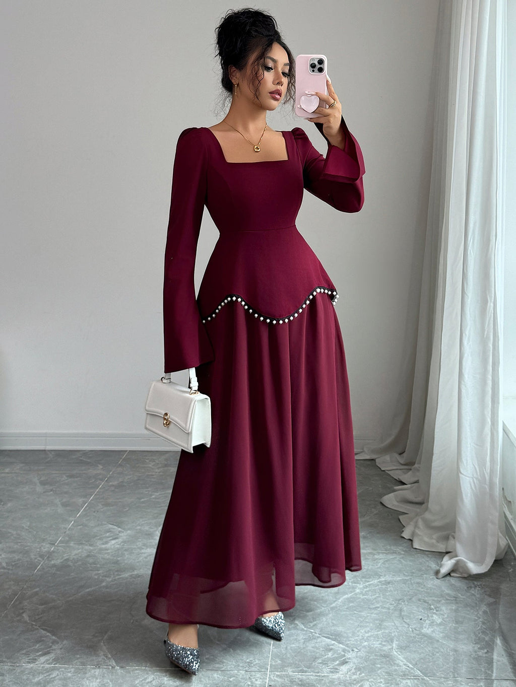 Maxi Dress Women with Square Neck and Flared Hem - 1 - Stylewhipped