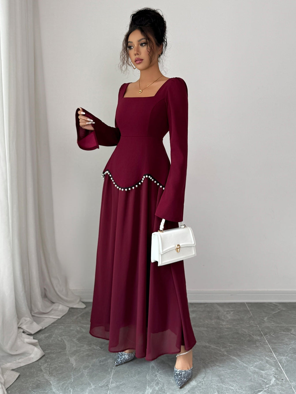 Maxi Dress Women with Square Neck and Flared Hem - 2 - Stylewhipped