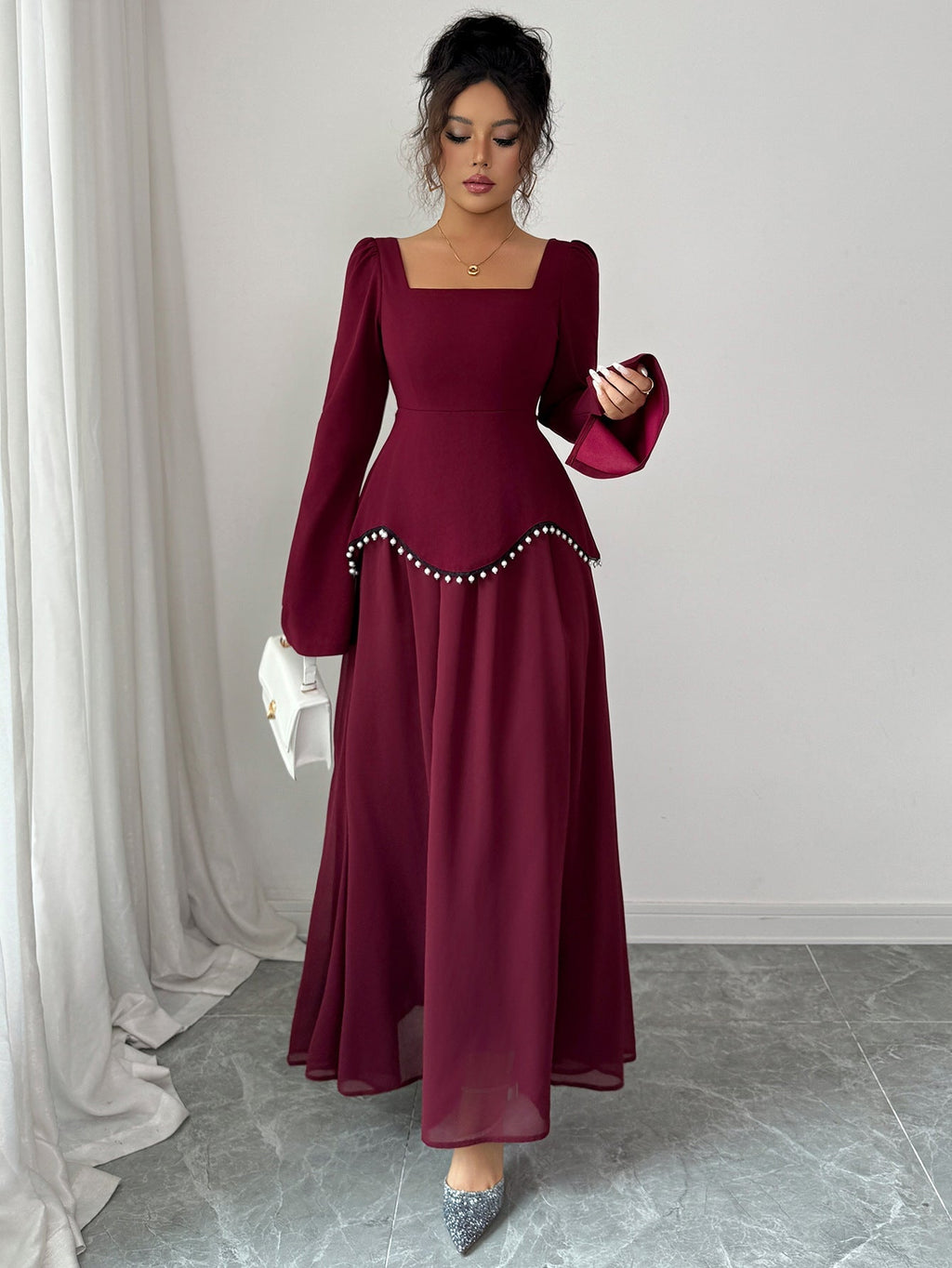 Maxi Dress Women with Square Neck and Flared Hem - 3 - Stylewhipped