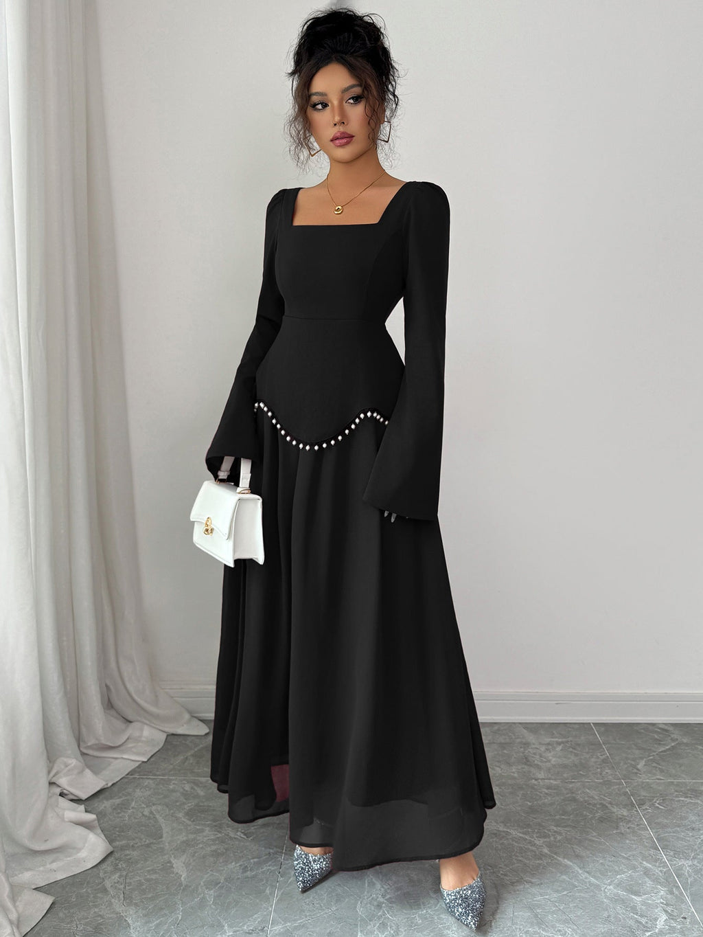 Maxi Dress Women with Square Neck and Flared Hem - 9 - Stylewhipped