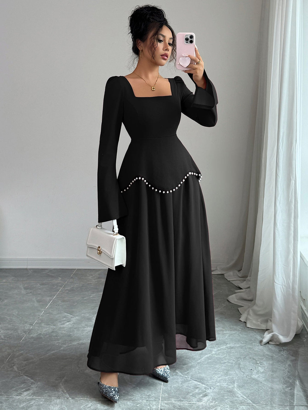 Maxi Dress Women with Square Neck and Flared Hem - 10 - Stylewhipped