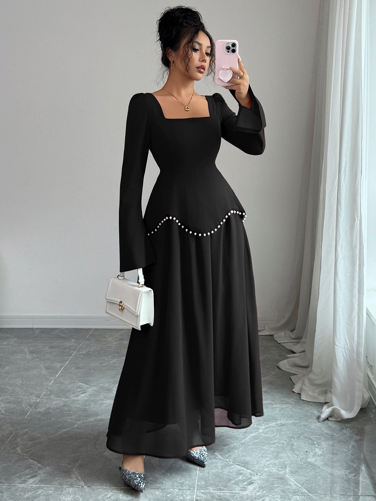 Maxi Dress Women with Square Neck and Flared Hem - 10 - Stylewhipped
