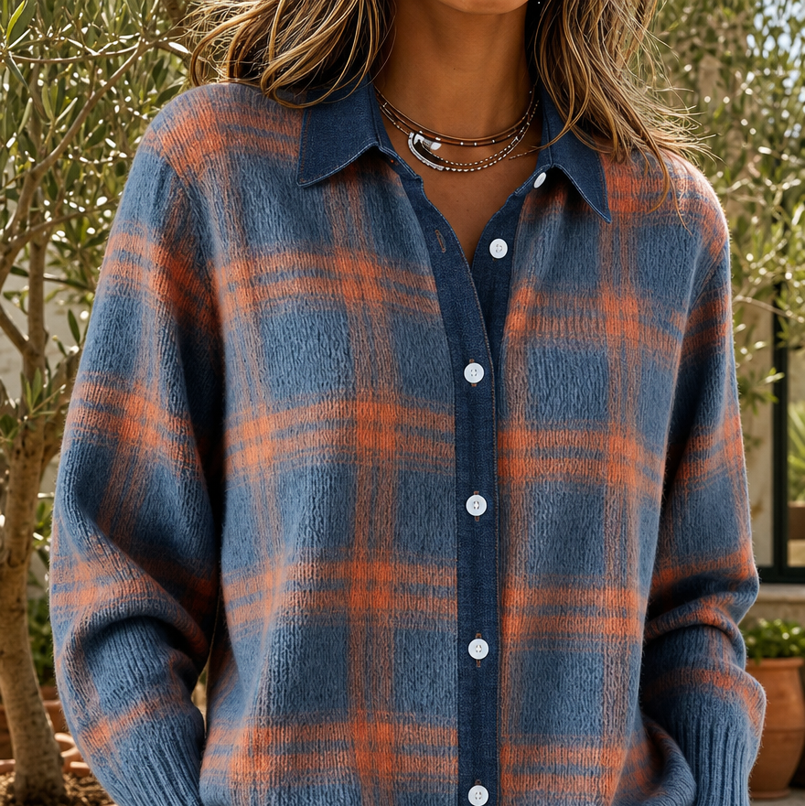Checked Shirt for Women in Blue and Orange with Button Detail - 1 - Stylewhipped