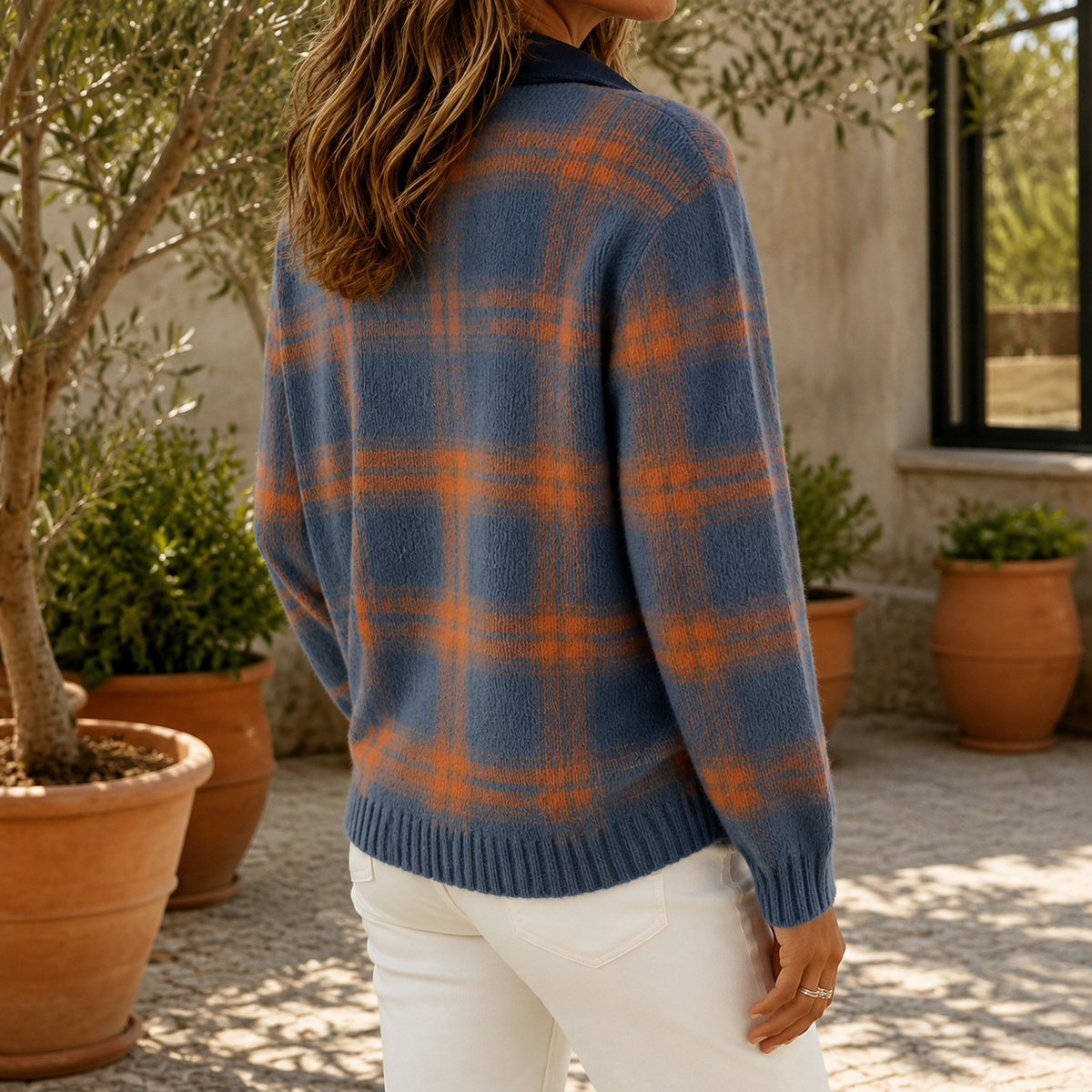 Checked Shirt for Women in Blue and Orange with Button Detail - 2 - Stylewhipped