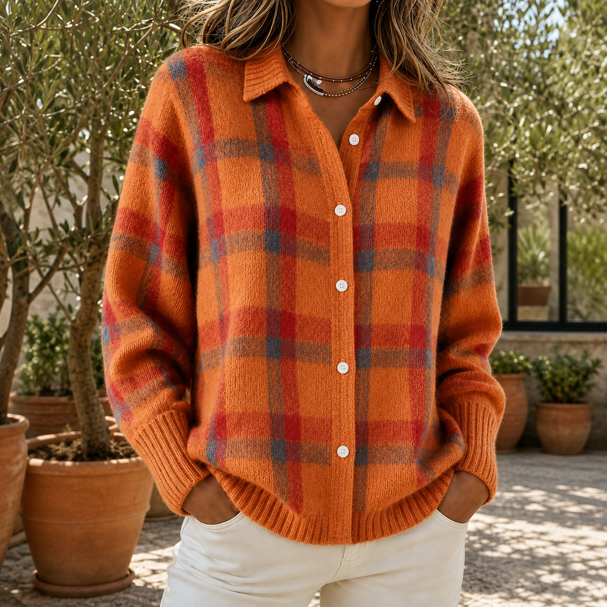 Checked Shirt for Women in Blue and Orange with Button Detail - 8 - Stylewhipped