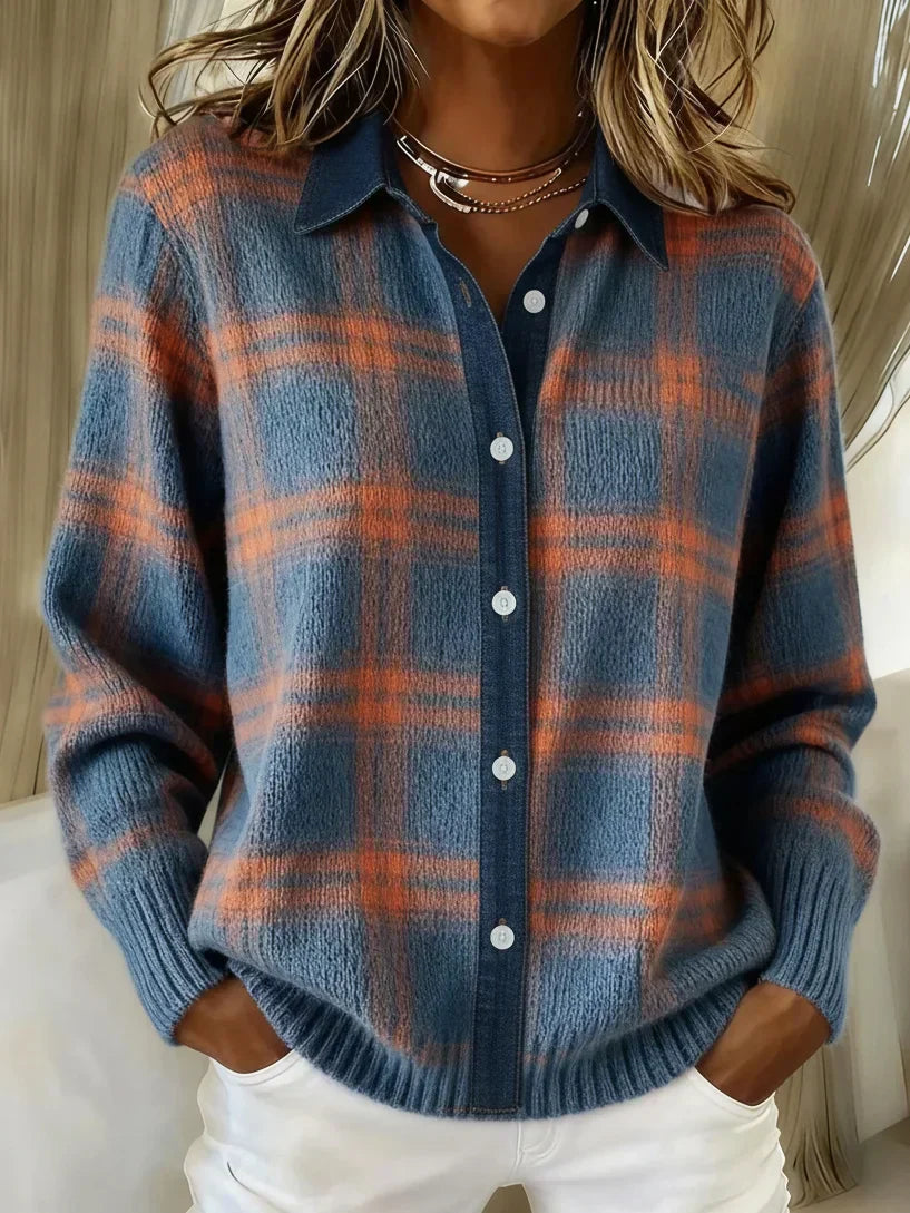 Ladies' Check Pattern Cardigan with Button Front - 1 - Stylewhipped