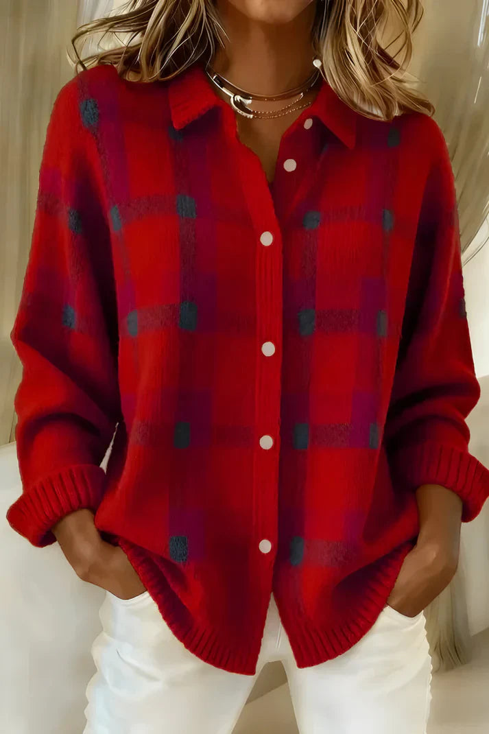 Ladies' Check Pattern Cardigan with Button Front - 2 - Stylewhipped