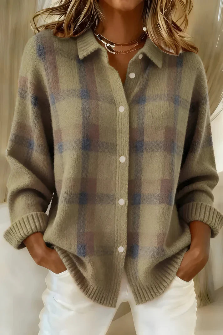Ladies' Check Pattern Cardigan with Button Front - 4 - Stylewhipped