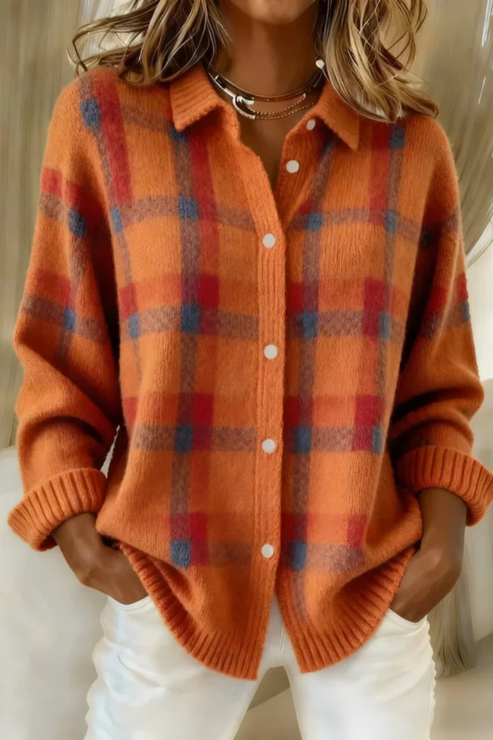 Ladies' Check Pattern Cardigan with Button Front - 6 - Stylewhipped