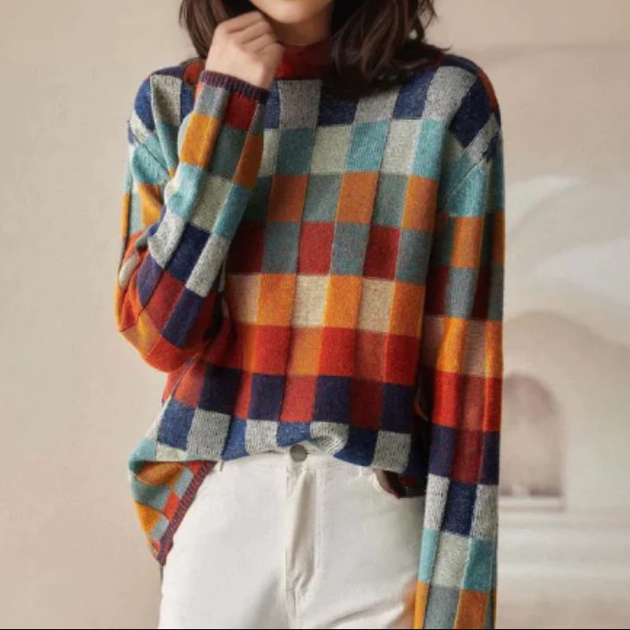 Colourful Check Pattern Women's Pullover with High Collar - 1 - Stylewhipped