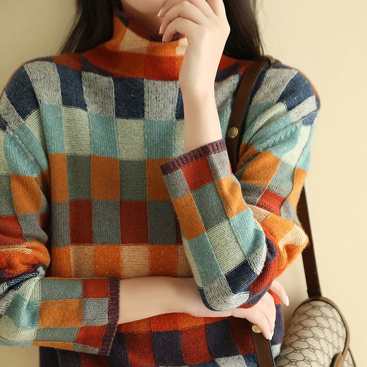 Colourful Check Pattern Women's Pullover with High Collar - 2 - Stylewhipped