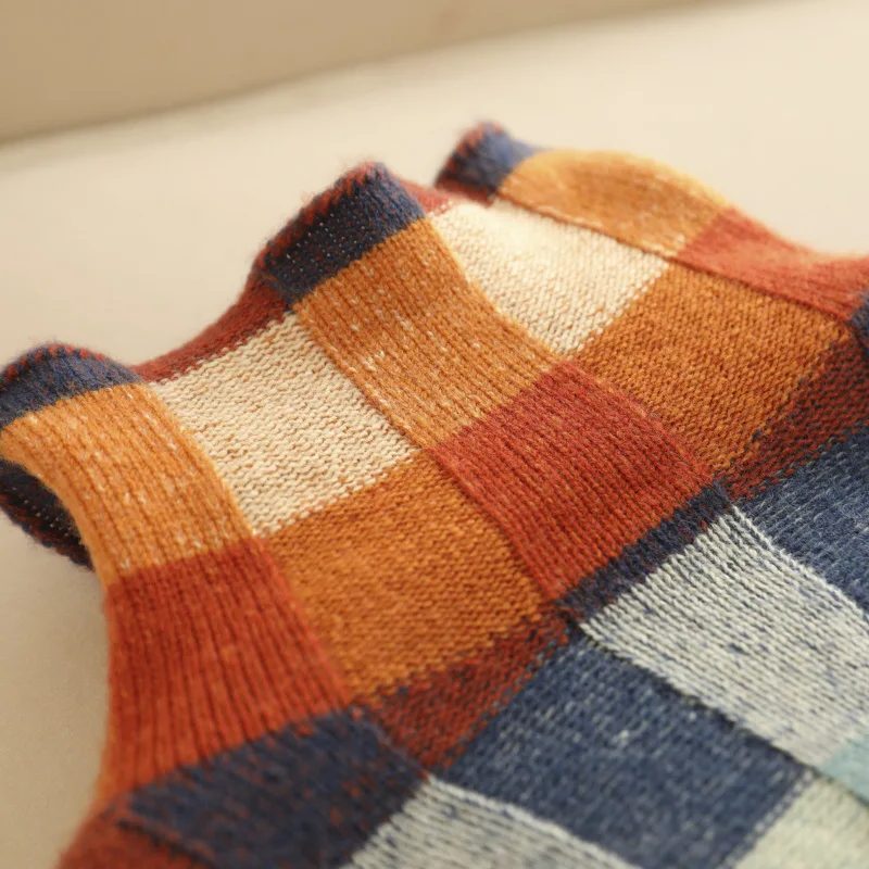 Colourful Check Pattern Women's Pullover with High Collar - 4 - Stylewhipped