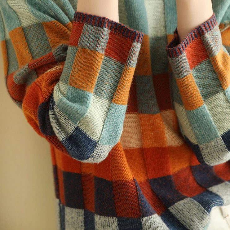 Colourful Check Pattern Women's Pullover with High Collar - 5 - Stylewhipped