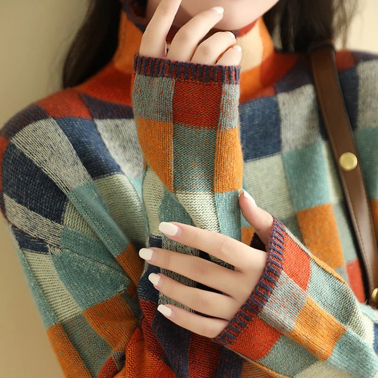 Colourful Check Pattern Women's Pullover with High Collar - 6 - Stylewhipped