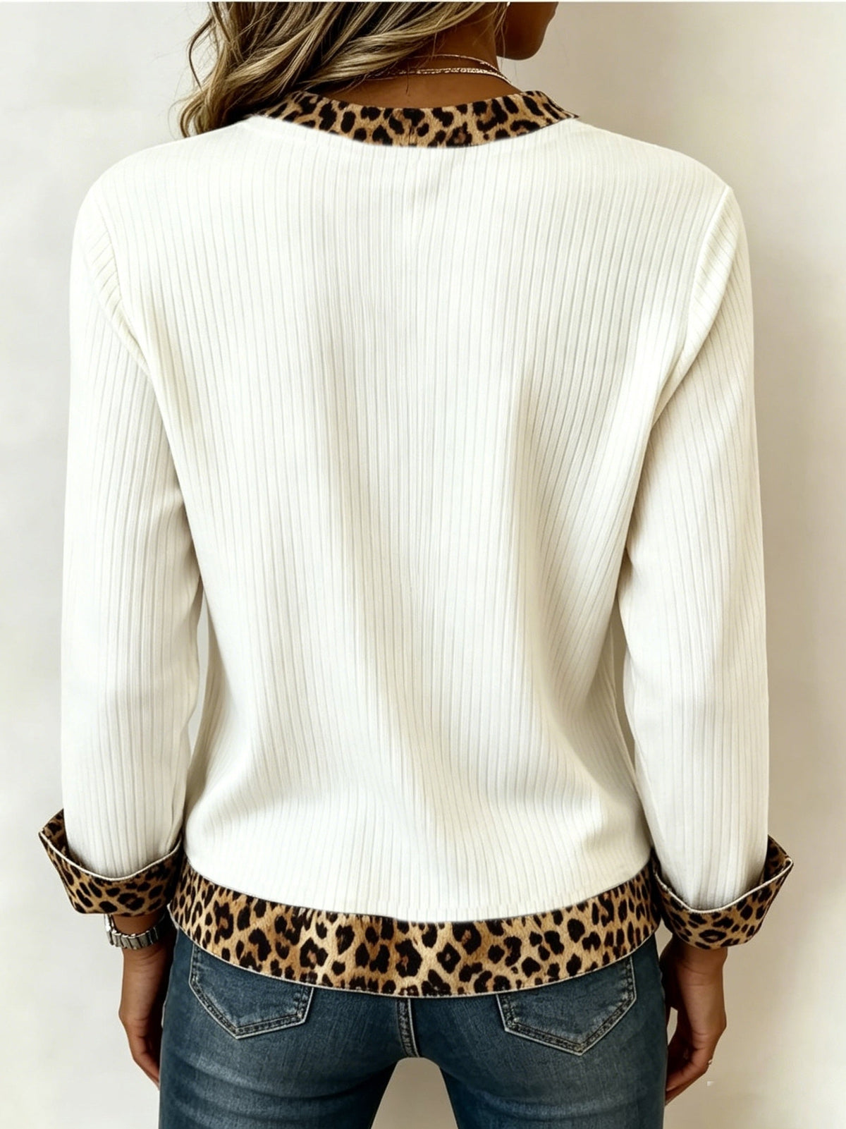 Women's V-Neck Blouse with Leopard Print Accents and Long Sleeves - 3 - Stylewhipped