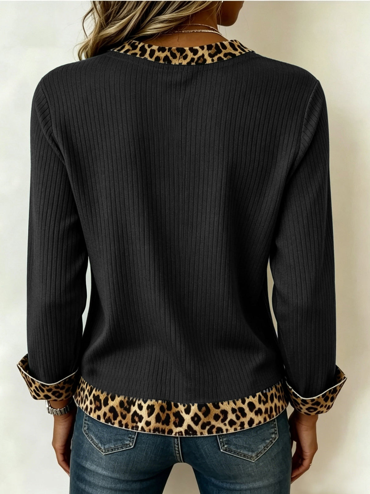 Women's V-Neck Blouse with Leopard Print Accents and Long Sleeves - 9 - Stylewhipped
