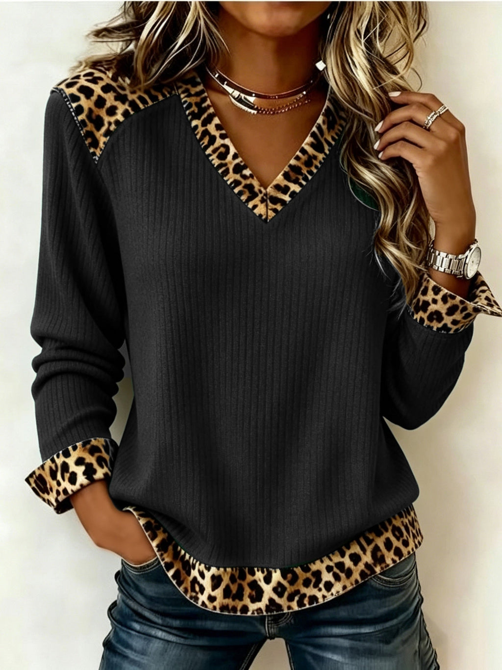 Women's V-Neck Blouse with Leopard Print Accents and Long Sleeves - 10 - Stylewhipped