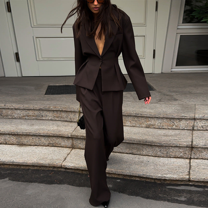 Tailored Women's Blazer and Wide Leg Trousers with V-Neck - 1 - Stylewhipped