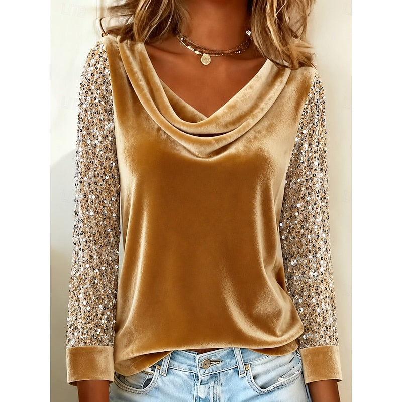 Draped Neck Women's Blouse with Sequin Sleeves - 1 - Stylewhipped