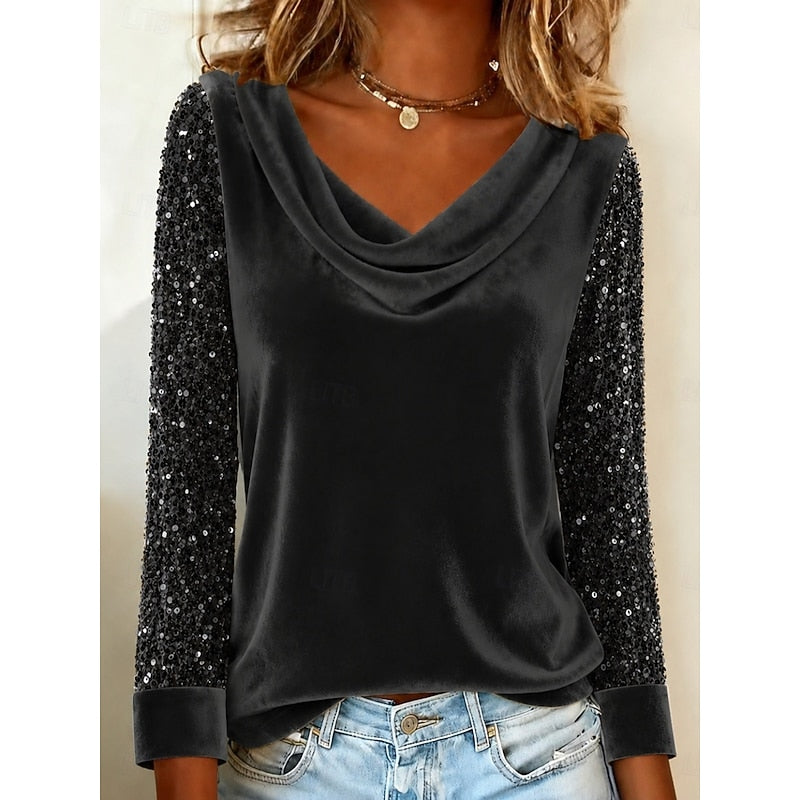 Draped Neck Women's Blouse with Sequin Sleeves - 2 - Stylewhipped