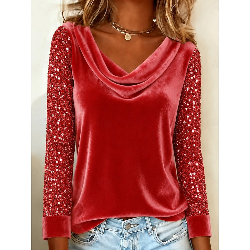 Draped Neck Women's Blouse with Sequin Sleeves - 3 - Stylewhipped