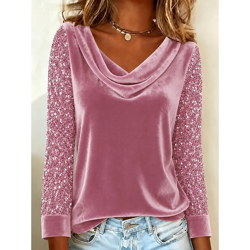 Draped Neck Women's Blouse with Sequin Sleeves - 4 - Stylewhipped