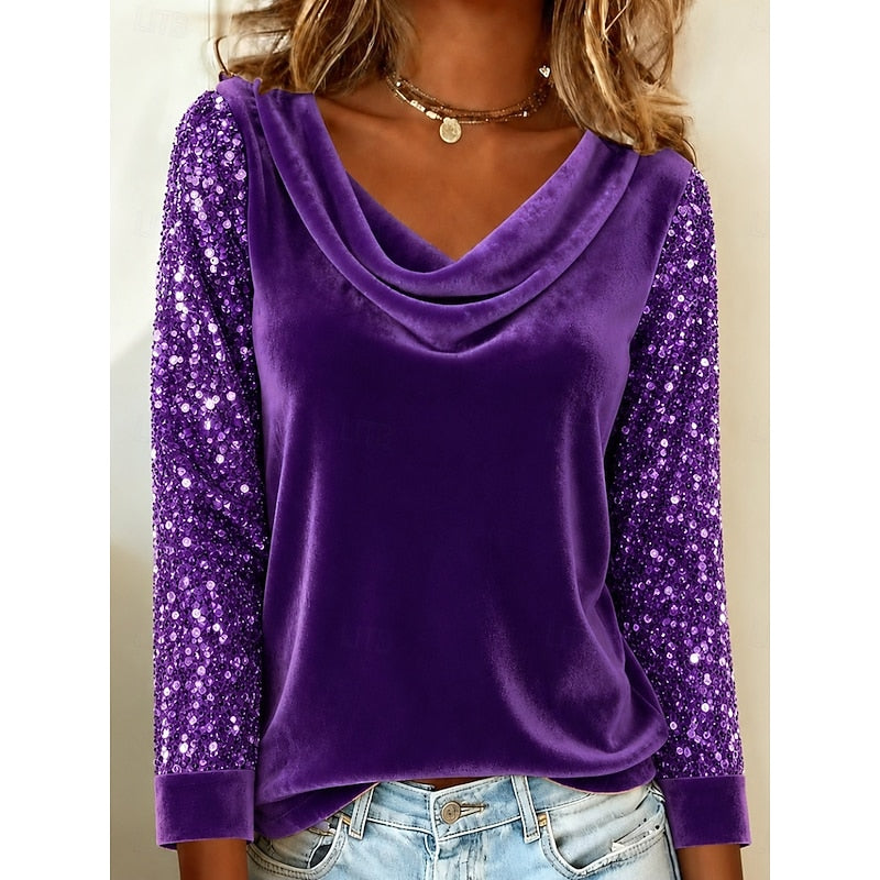 Draped Neck Women's Blouse with Sequin Sleeves - 5 - Stylewhipped