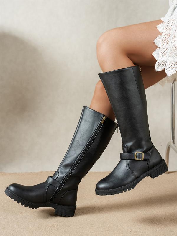 Knee-High Women's Riding Boots with Buckle Detail - 3 - Stylewhipped