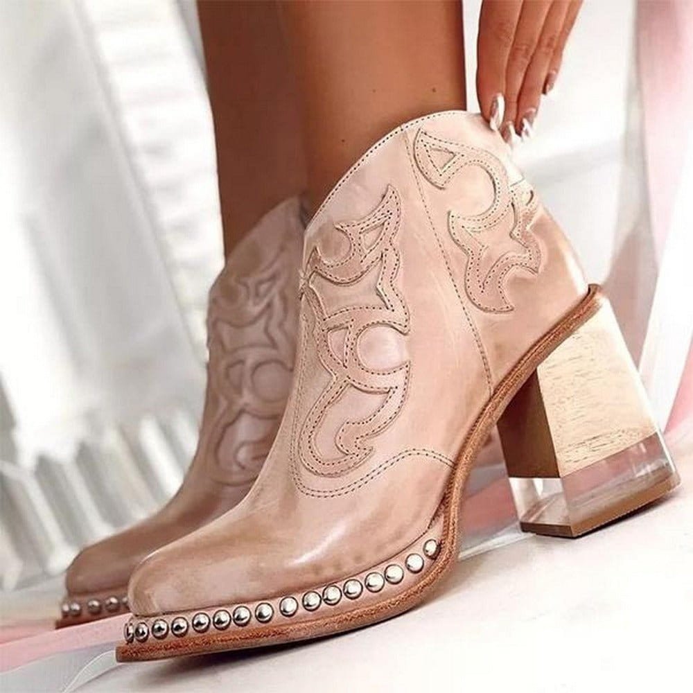 Block Heel Ankle Boots for Women in Black with Embellished Detail - 1 - Stylewhipped