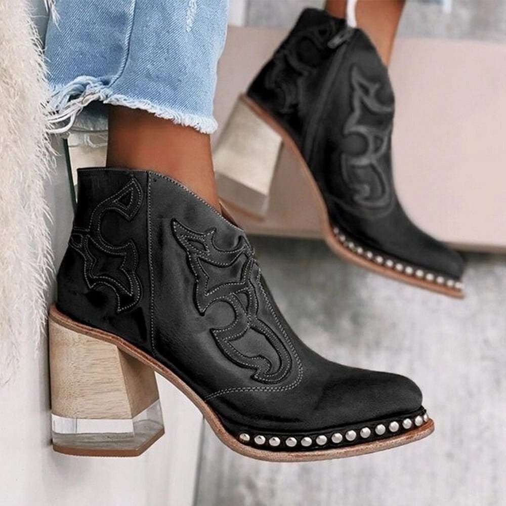 Block Heel Ankle Boots for Women in Black with Embellished Detail - 2 - Stylewhipped