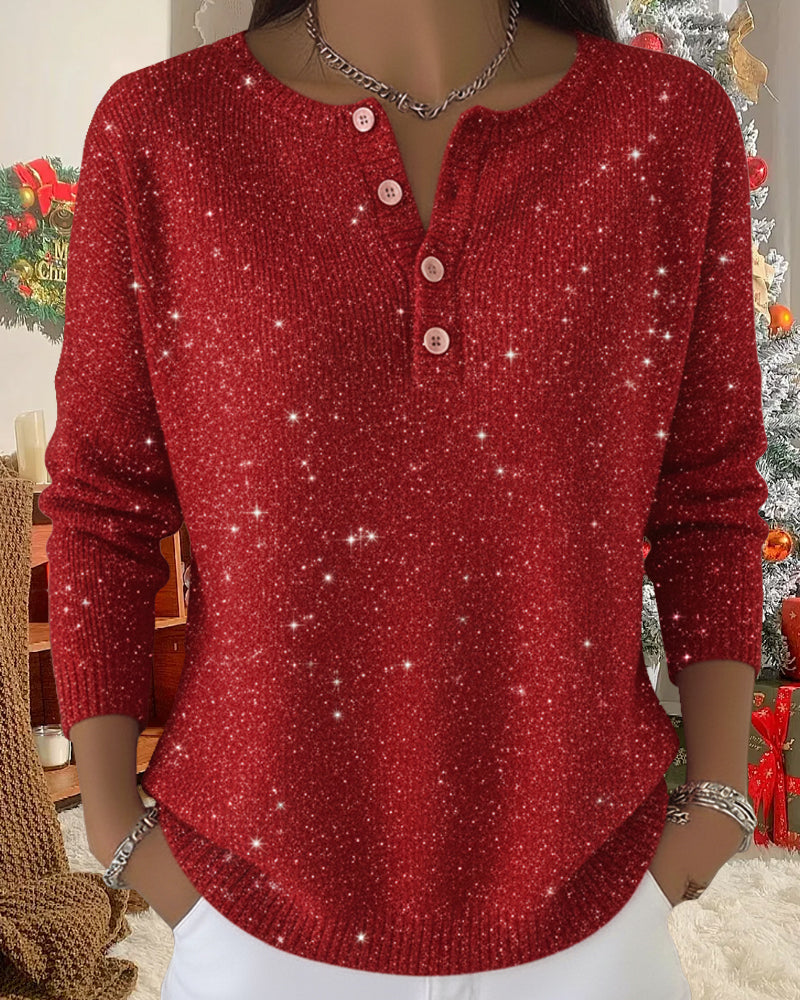 Women's Red Glittery Sweater with Button Detail - 2 - Stylewhipped
