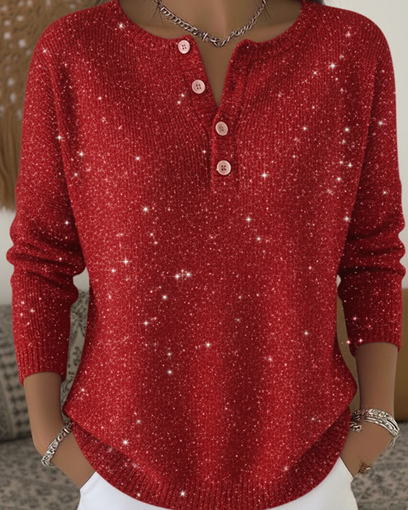 Women's Red Glittery Sweater with Button Detail - 3 - Stylewhipped