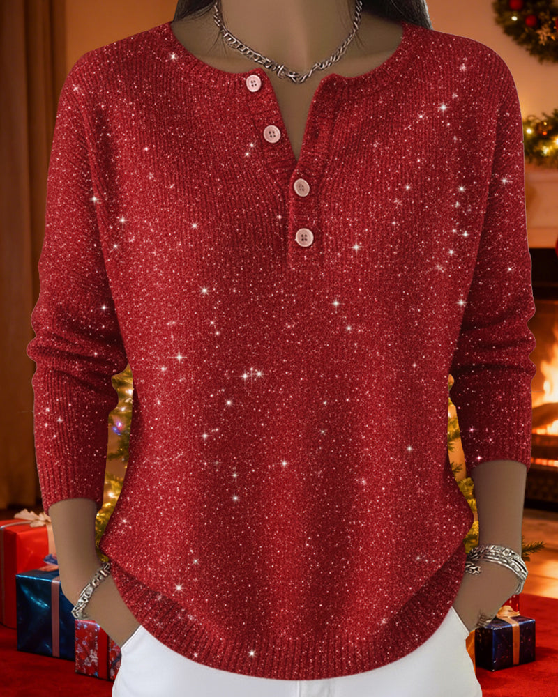 Women's Red Glittery Sweater with Button Detail - 4 - Stylewhipped