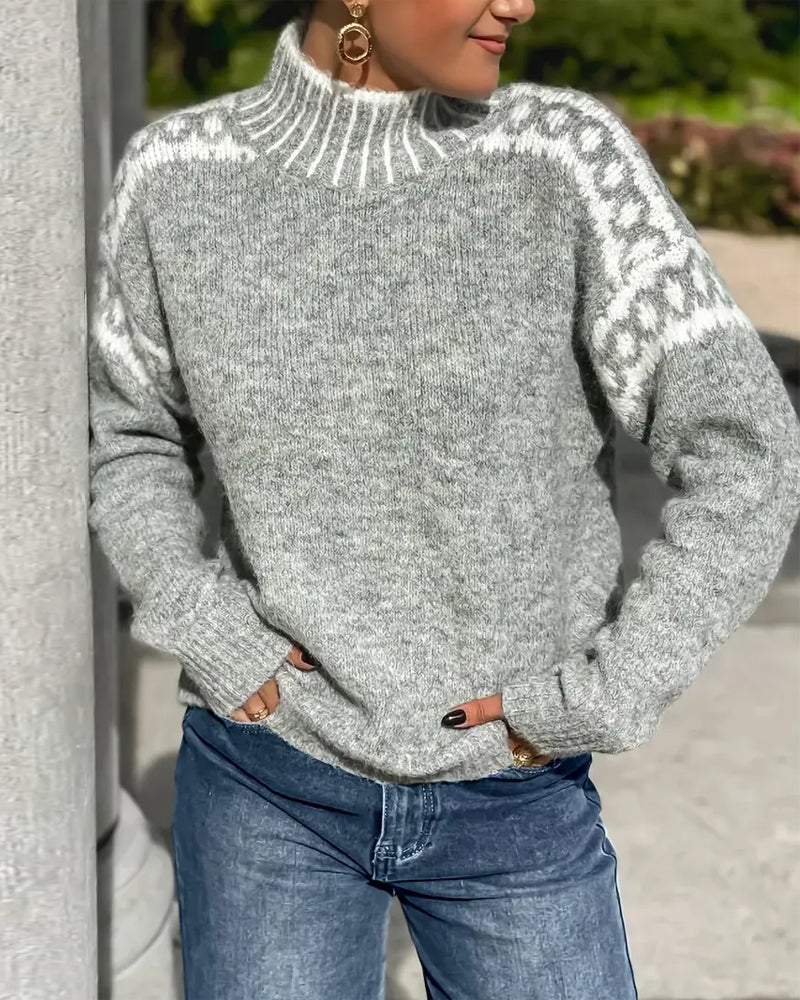 Ladies' High Neck Pullover with Nordic Pattern - 1 - Stylewhipped