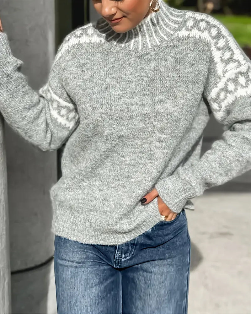 Ladies' High Neck Pullover with Nordic Pattern - 3 - Stylewhipped