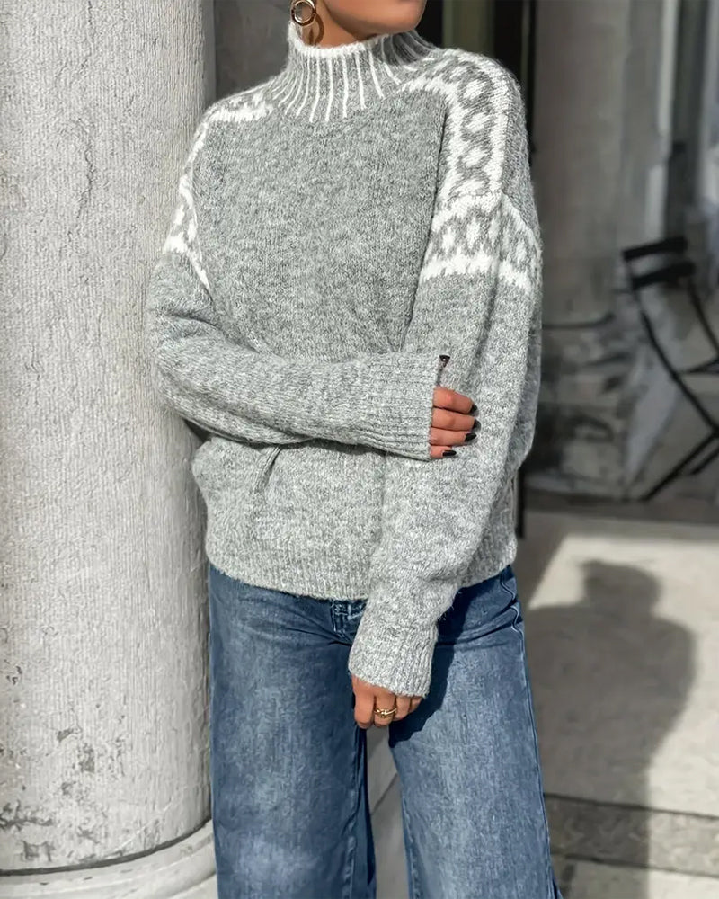 Ladies' High Neck Pullover with Nordic Pattern - 5 - Stylewhipped