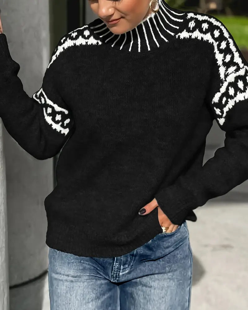 Ladies' High Neck Pullover with Nordic Pattern - 6 - Stylewhipped