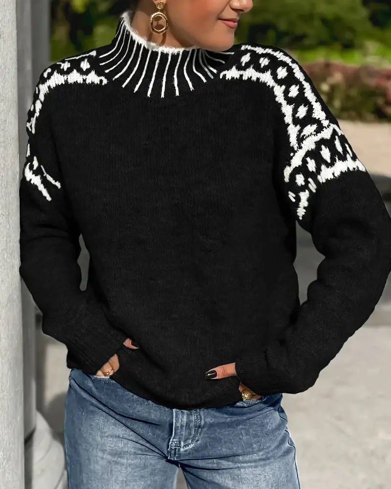 Ladies' High Neck Pullover with Nordic Pattern - 9 - Stylewhipped