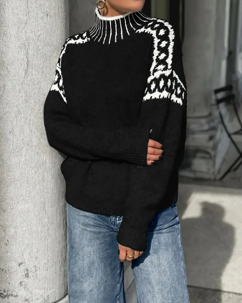 Ladies' High Neck Pullover with Nordic Pattern - 11 - Stylewhipped
