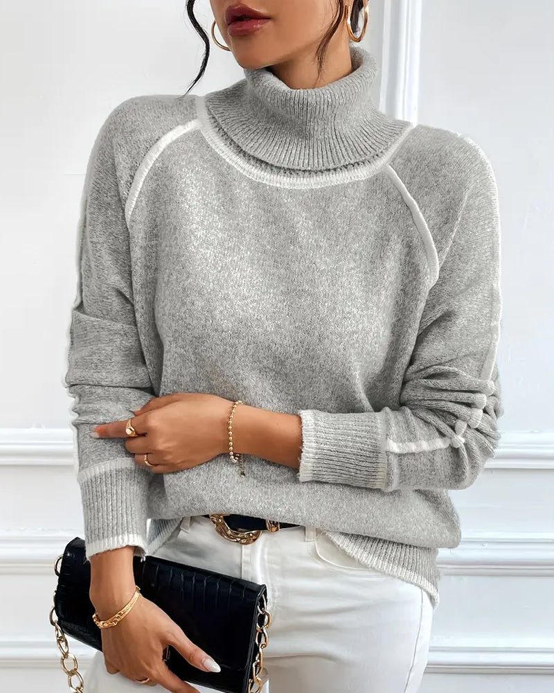 Women's Sweater with High Neck and Contrast Trim - 2 - Stylewhipped