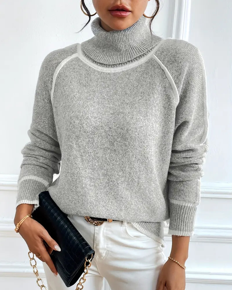 Women's Sweater with High Neck and Contrast Trim - 3 - Stylewhipped