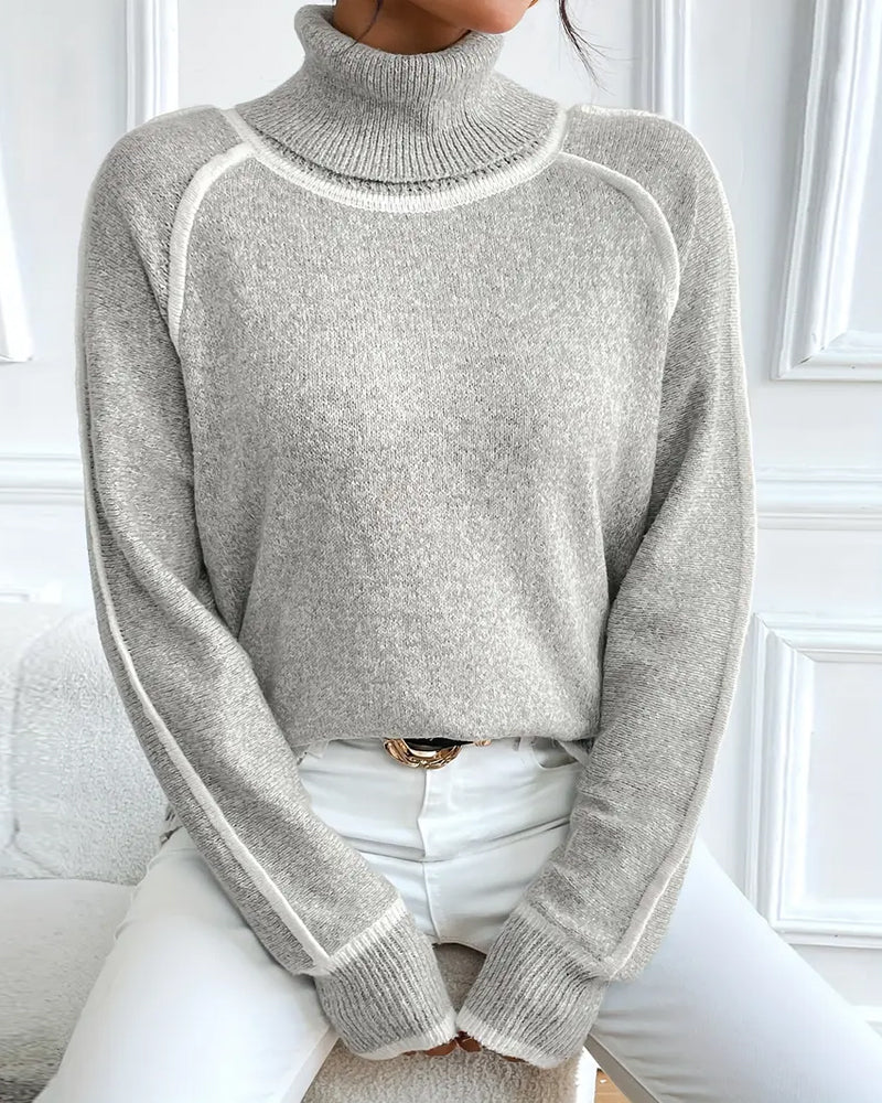 Women's Sweater with High Neck and Contrast Trim - 4 - Stylewhipped